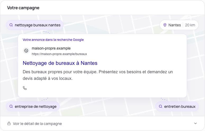 Exemple de l’application Klyrad : une annonce de nettoyage de bureaux à Nantes et les recherches ciblées, avant abonnement.